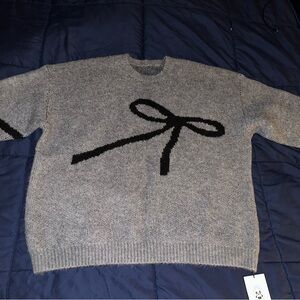 Cider Gray Sweater with Black Bow Accent